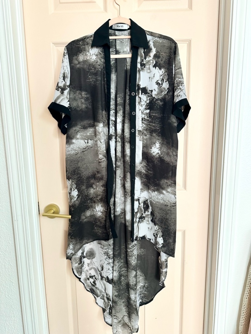 Black hi low watercolor button up